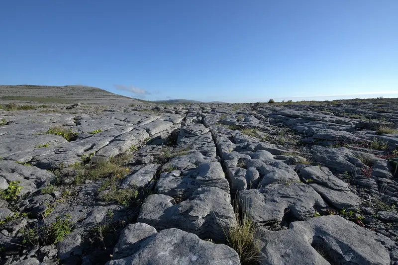 Grey limestone pavement with grass in the cracks, in the Burren